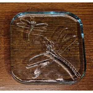 MCM Dragonfly Green Art Glass Paperweight Embossed Etched Square Coaster 4.5"